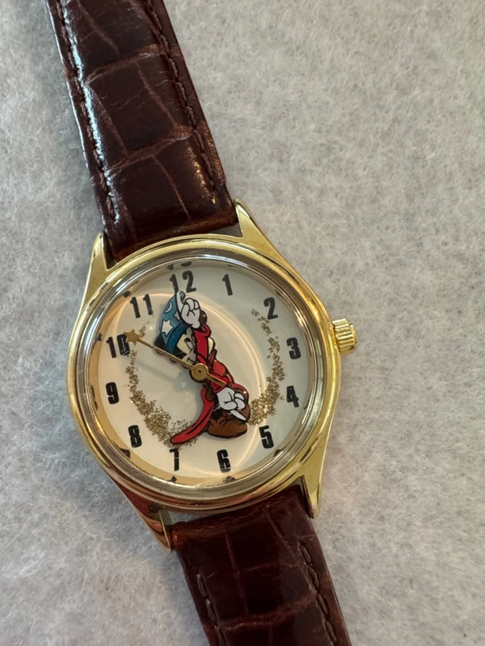 Disney Brown Leather Strap Gold-Tone Mickey Mouse The Sorcerer Wristwatch - Picture 2 of 5